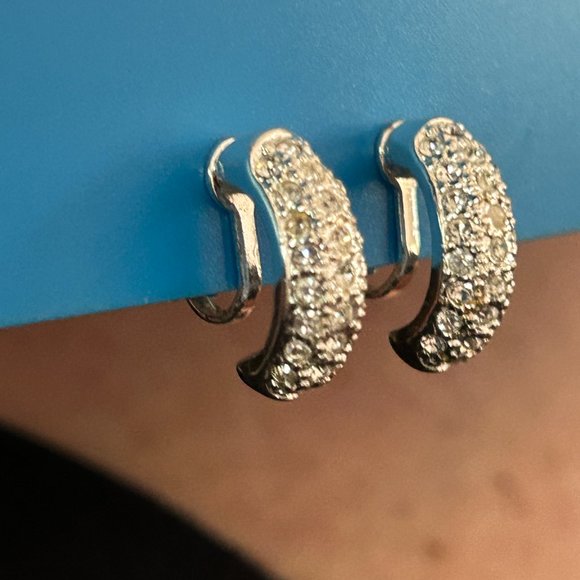 Roman Jewelry - Vintage ROMAN Signed Clear Rhinestones Silver Tone Half Hoop Clip Earrings